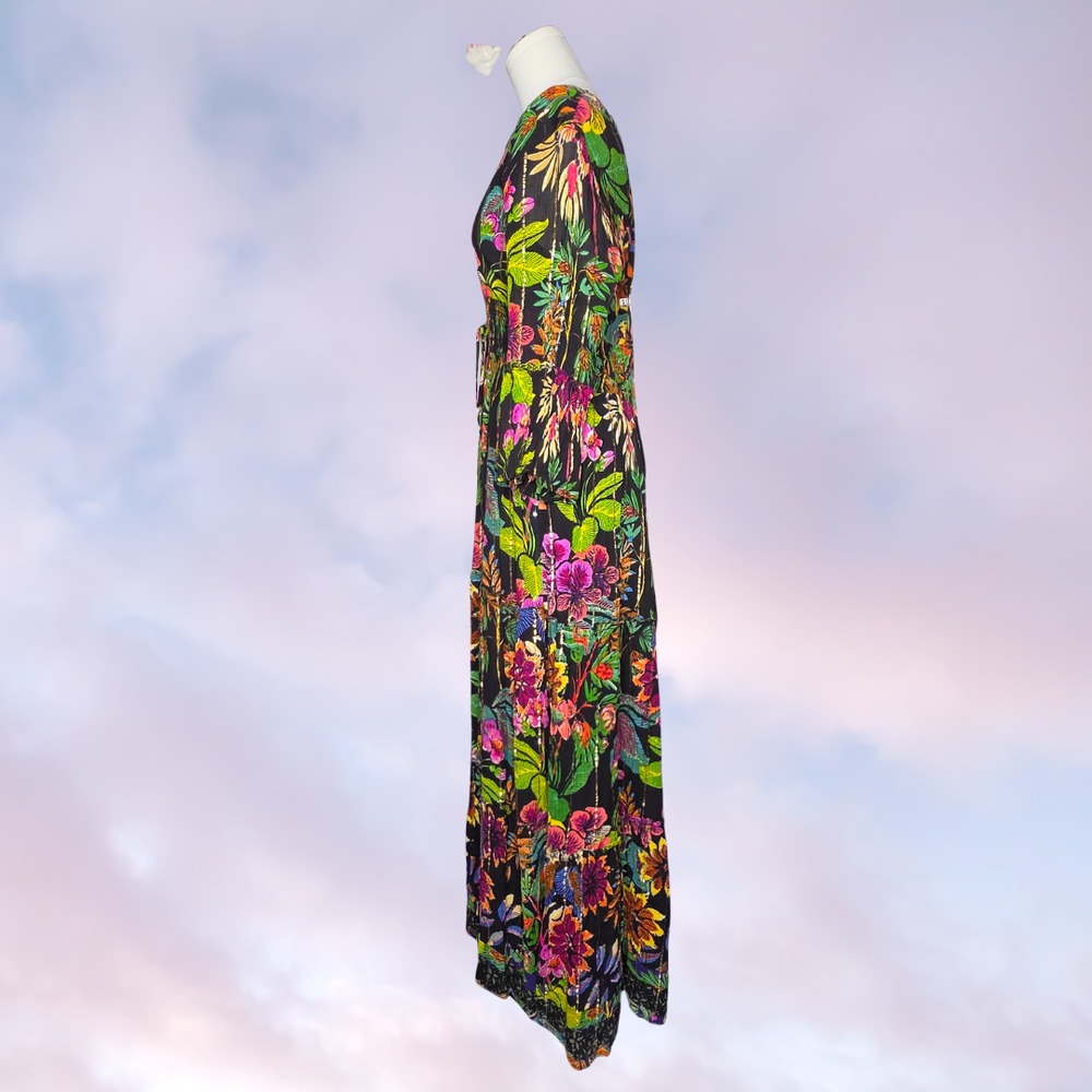 Me 2 Magic Black Floral Metallic Gold Viscose Boho Bell Sleeve Maxi Dress Size L - Picture 3 of 7